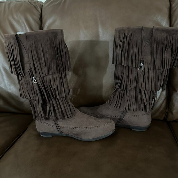 Comfortview Faux Suede Fringe Pull-On Moccasin Boots, Brown, 11WW - Picture 6 of 14